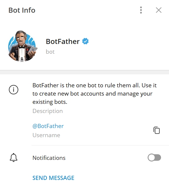 BotFather – единственный бот, который правит другими ботами, используйте его для создания новых ботов и управления существующими – так переводится описание с английского